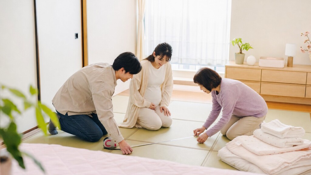 里帰り先の部屋でベビーベッドの置き場所を確認する様子
