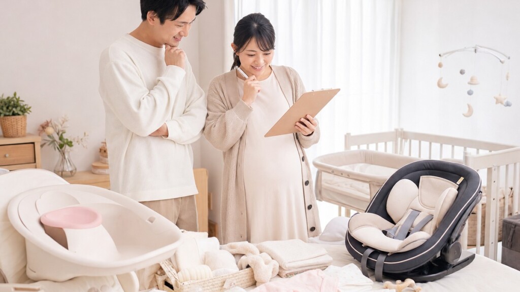 里帰り出産で使うベビー用品を選ぶ家族