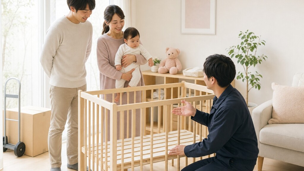 自社便エリアでベビーベッドの組立を確認する家族