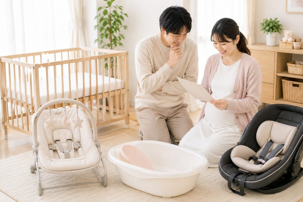 里帰り出産や帰省で使うベビー用品を選ぶ家族