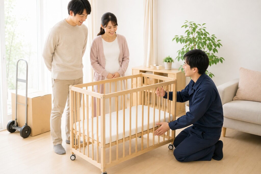 春日市・大野城市の自社便エリアでベビーベッド組立を確認する家族