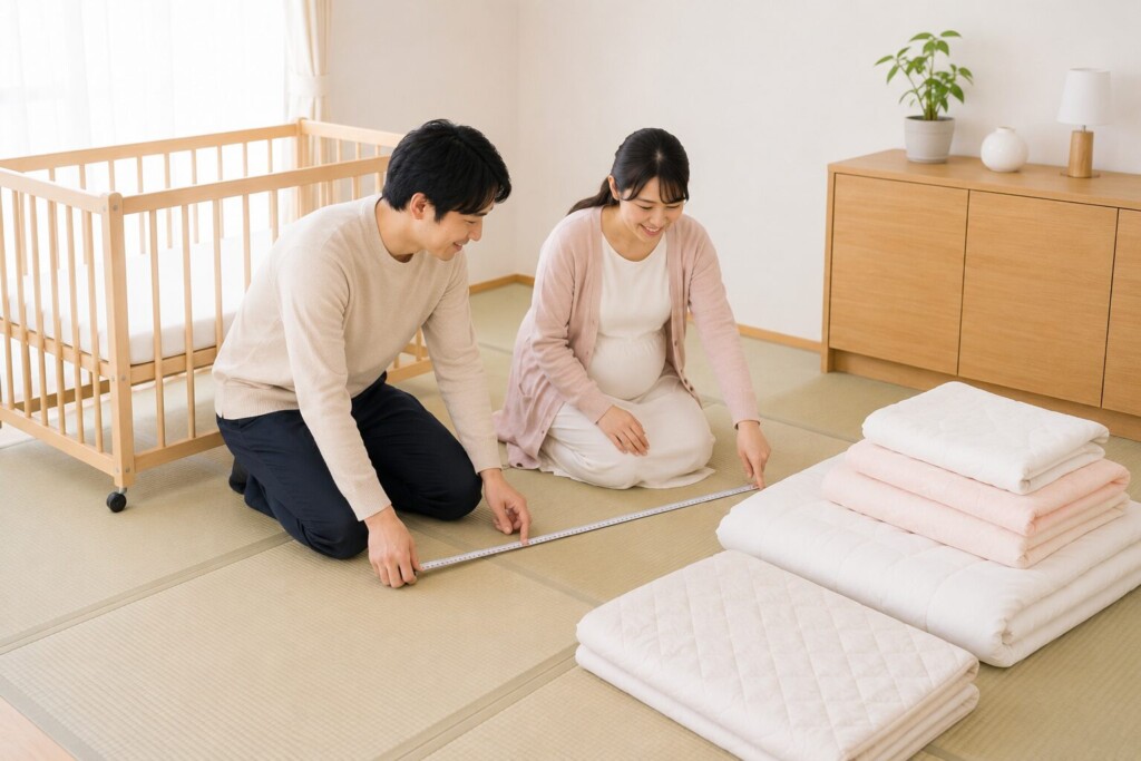 ベビーベッドを置く部屋の広さを確認する家族