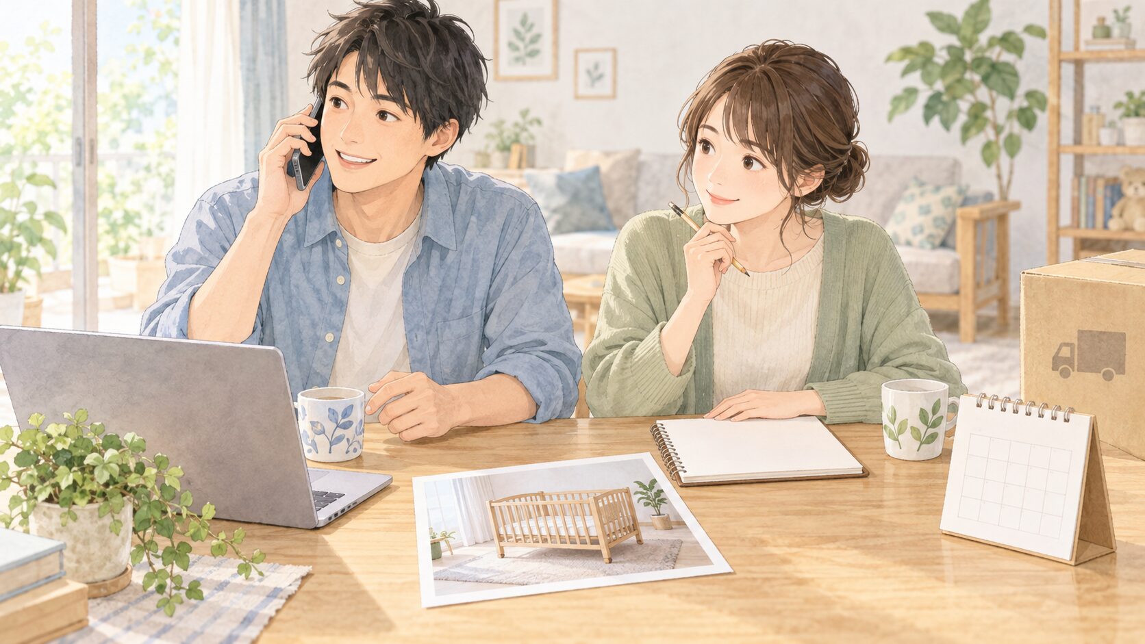 利用する用品と日程を電話で相談する家族のイメージ