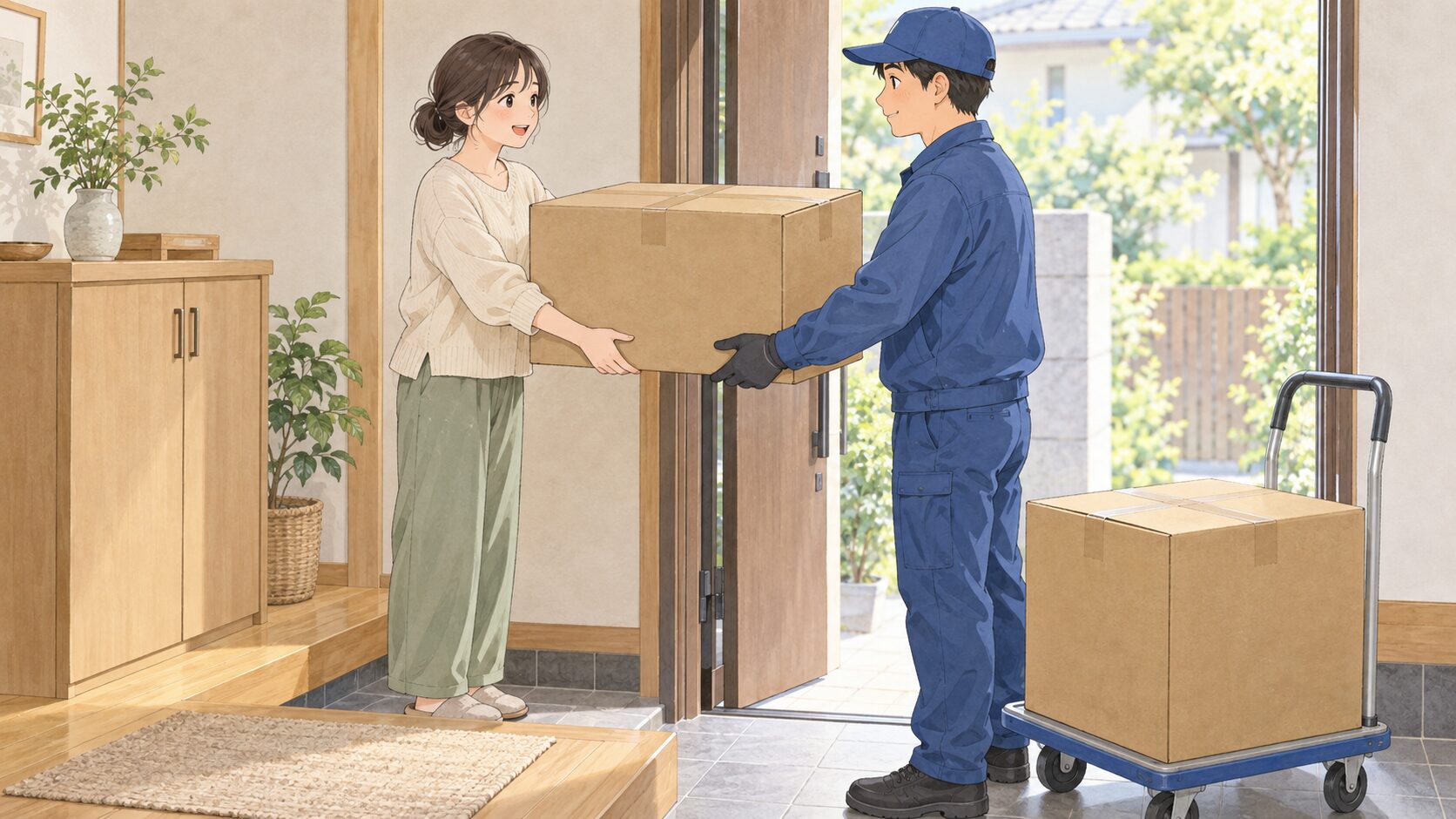 梱包したレンタル用品を運送会社に引き渡すイメージ