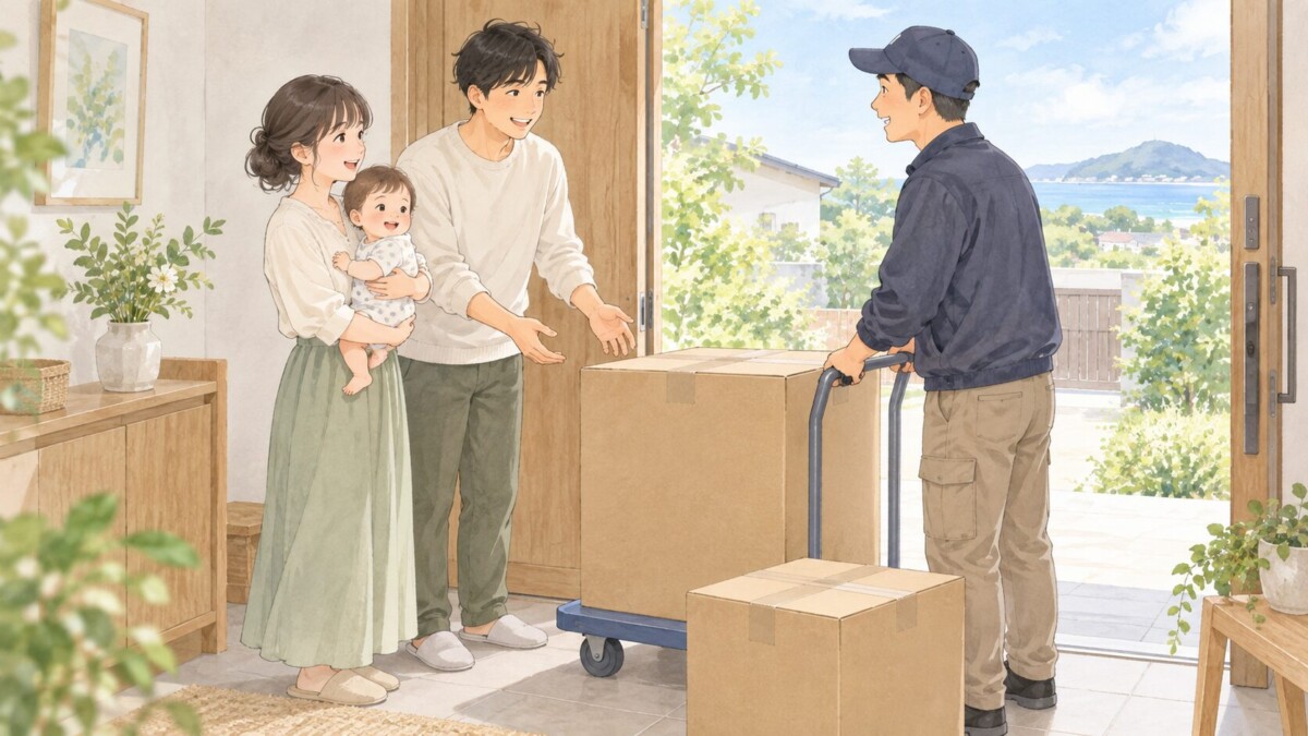 発送されたベビー用品の箱を玄関で受け取る家族のイメージ