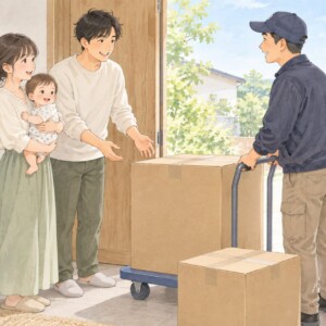 発送されたベビー用品の箱を玄関で受け取る家族のイメージ
