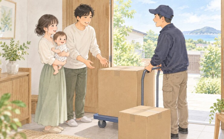 発送されたベビー用品の箱を玄関で受け取る家族のイメージ